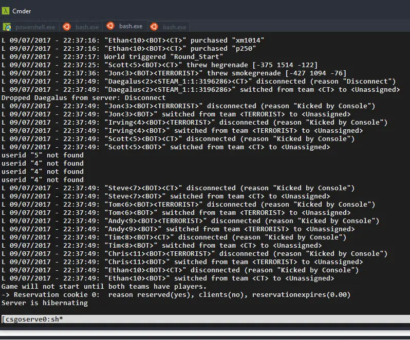 Logs from he CS GO docker server running. Logs from he CS GO docker server running.
