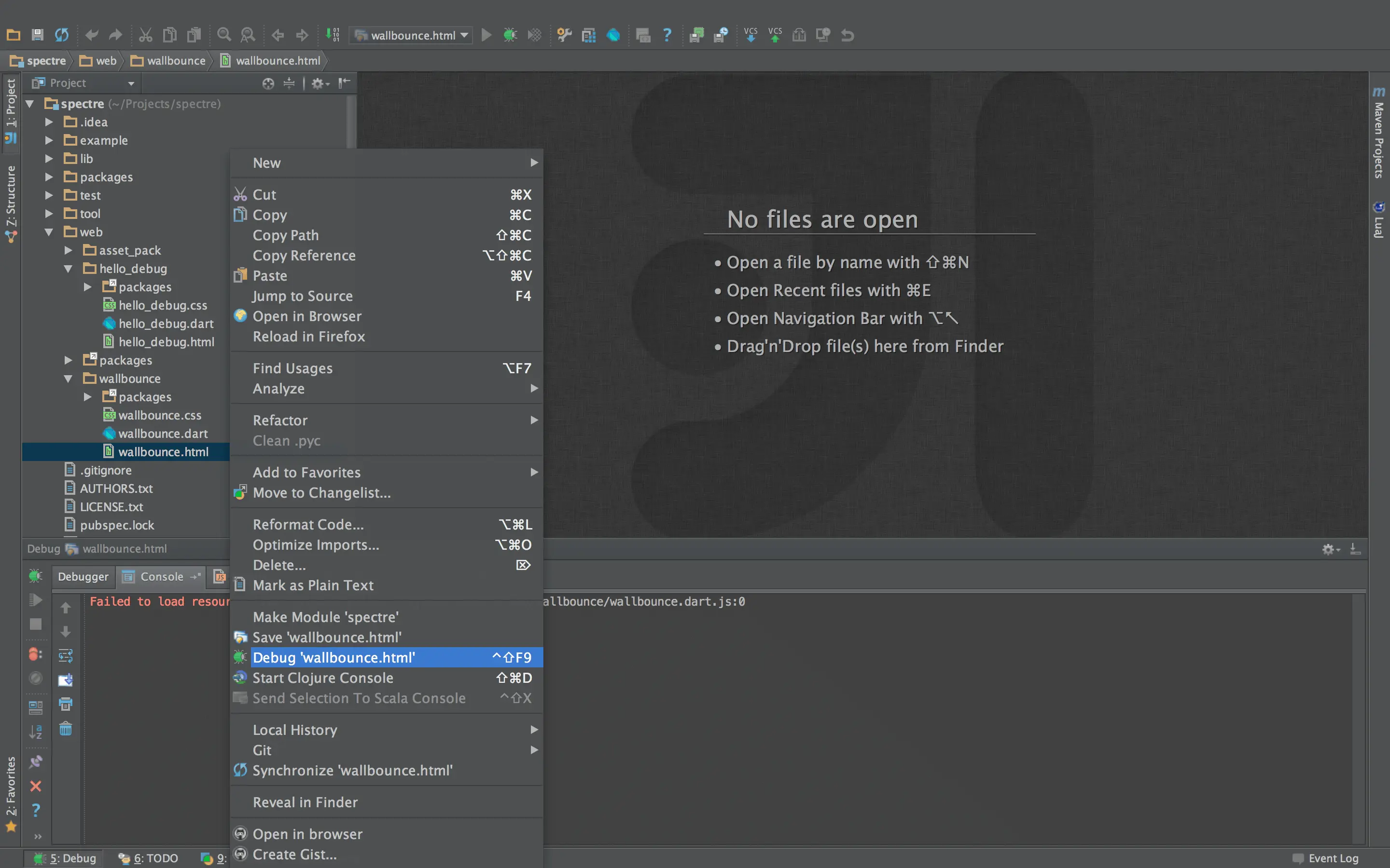 Menu entry for debugging a dart web app Menu entry for debugging a dart web app